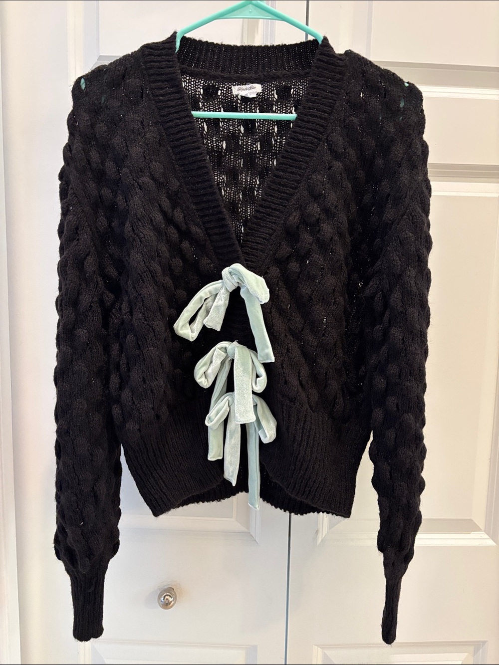 Kimchi Blue Black Cable-Knit Sweater Cardigan with Mint Tie Bows